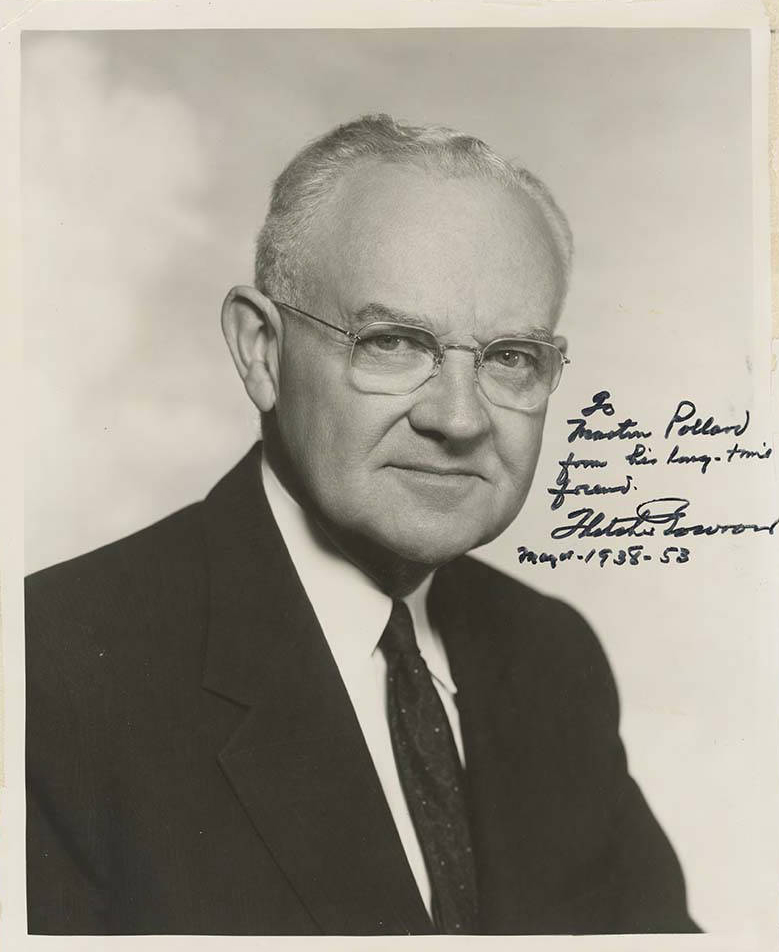 Portrait photograph of former Los Angeles Mayor, Fletcher Bowron. The photograph has been signed by Bowron and reads 'To Martin Pollen, from his long time friend, Fletcher Bowron Mayor 1938-53'