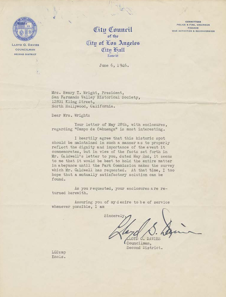 Typed letter to Mrs. Henry T. Wright from the City Council of Los Angeles
