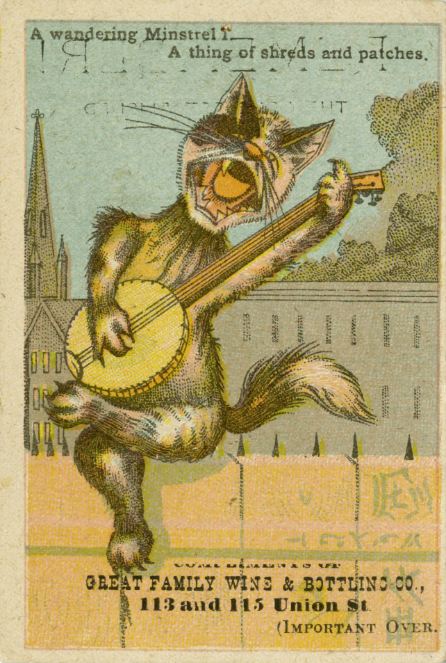 Cat playing a banjo and singing a minstrel's song