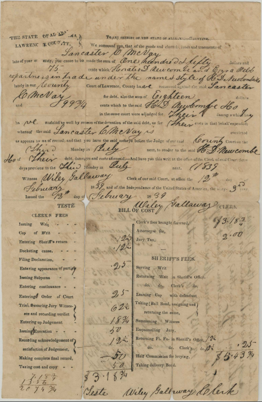 Writ to pay the debt owed by Lancaster C. McNay