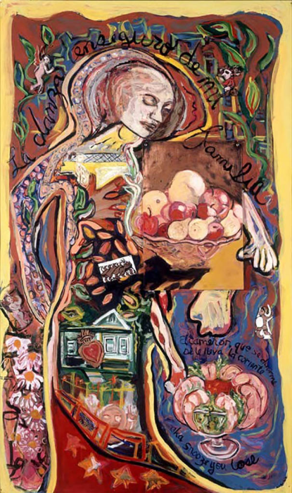 Woman holding basket of fruit, surrounded by leaves, flowers, sentences, and symbols.