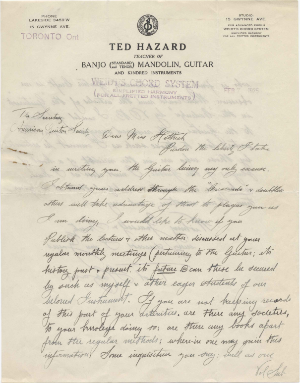 Letter from Ted Hazard to American Guitar Society, February 7, 1925