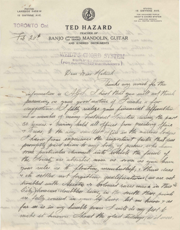 Letter from Ted Hazard to American Guitar Society, February 26, 1925
