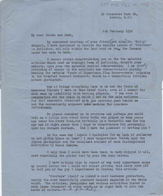 Letter from Ernie Tyrrell to Vahdah and Zarh Bickford, February 6, 1956