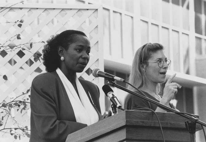 Woman giving a speech with translator