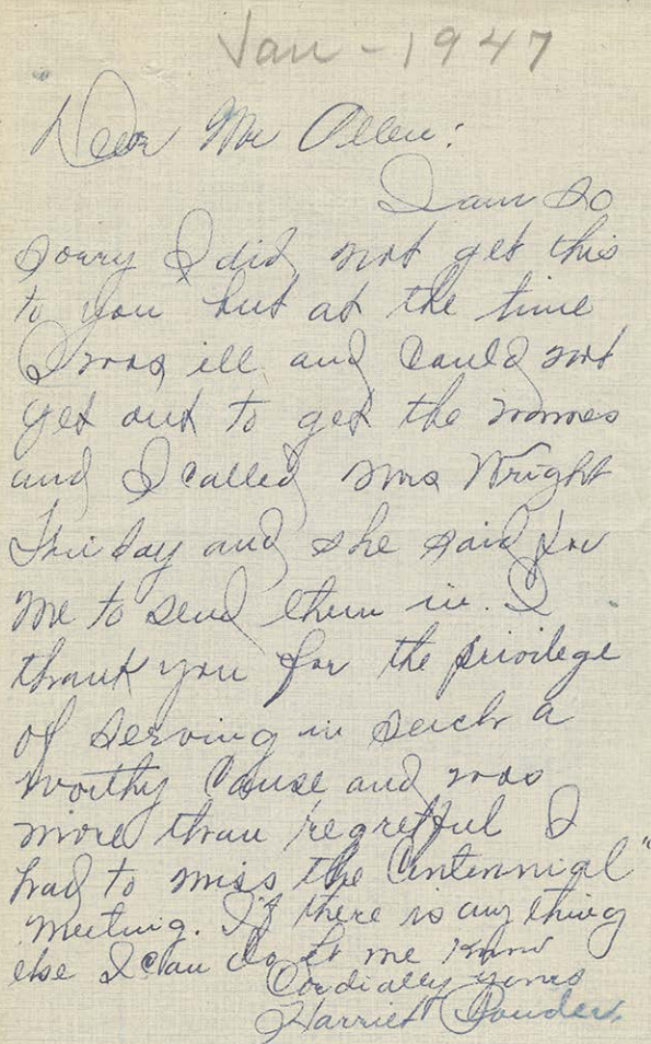 Letter, to William Allen from Harriet Powder, 1947