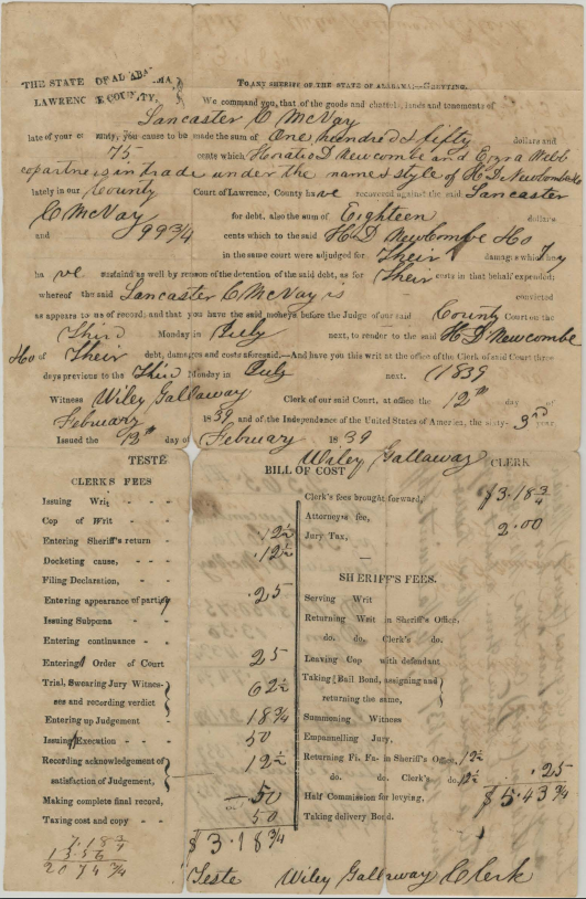 Writ to pay debt owed by Lancaster C. McNay