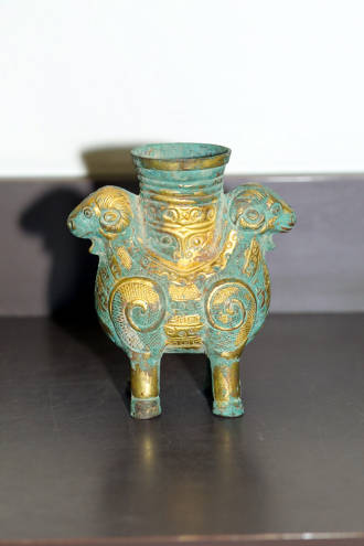 Bronze ram zun with gilding