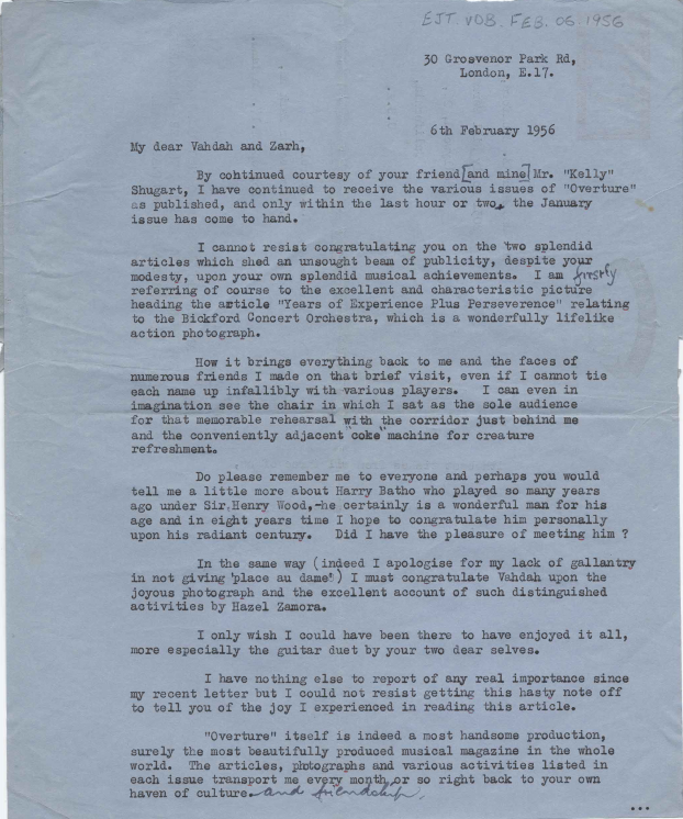 Letter from Ernie Tyrrell to Vahdah and Zarh Bickford, 6 February 1956