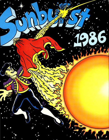 Cover of 1986 Sunburst Yearbook, with cartoon matador near proximity of the sun in space.
