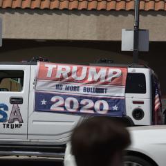 Vets for Trump HumVee draped with banner: TRUMP 2020  NO MORE BULL***T