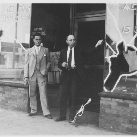 Photograph of a vandalized Aryan Bookstore