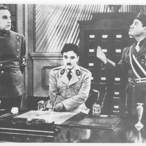 Film still showing Charlie Chaplin in The Great Dictator