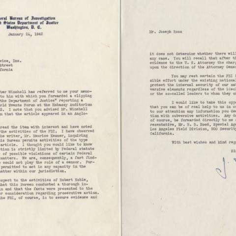 Letter from J. Edgar Hoover to Joseph Roos