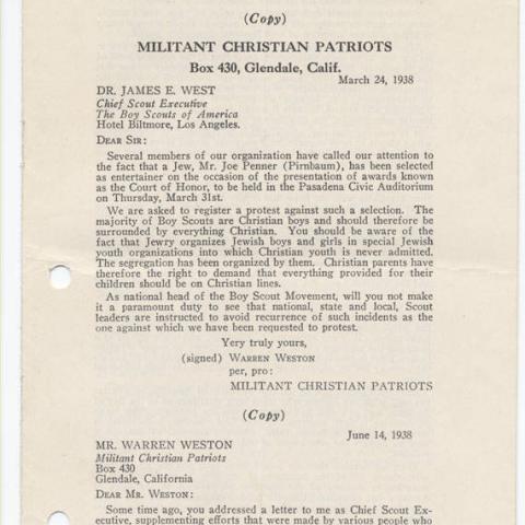 Letter between James West and Warren Weston