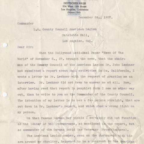 Letter from R. Kunhe to Counter American Legion