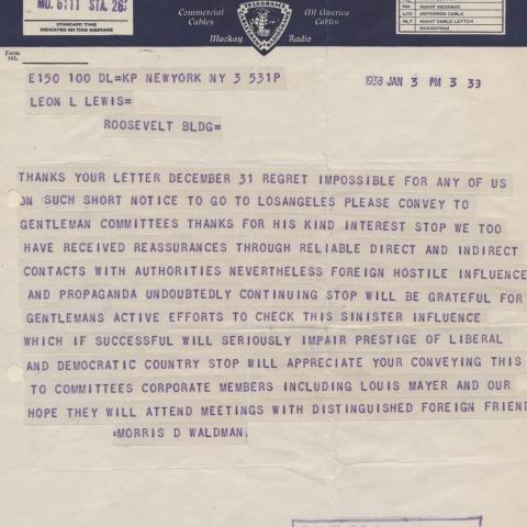 Telegram note from Morris D. Waldman to Leon Lewis