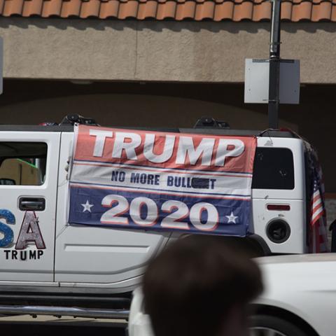 Vets for Trump HumVee draped with banner: TRUMP 2020  NO MORE BULL***T