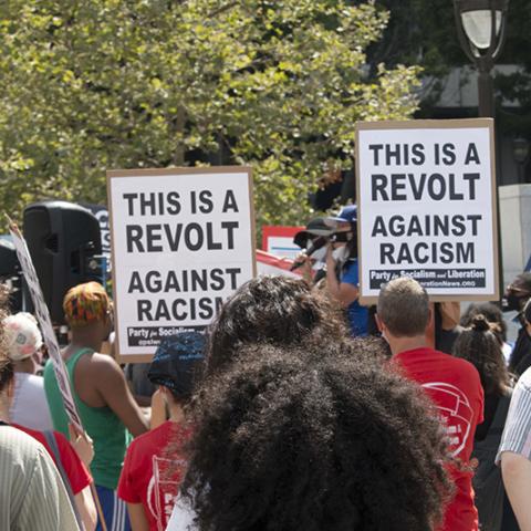 Crowd of protesters with two signs: THIS IS A REVOLT AGAINST RACISM