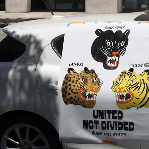 Sign fixed to a car showing BLACK POWER panther, LATINX leopard, and YELLOW PERIL tiger with message UNITED NOT DIVIDED, BLACK LIVES MATTER