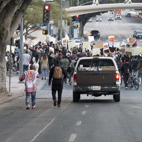 Large group of people marching carrying signs