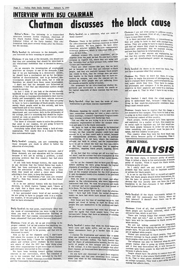 Daily Sundial, January 9, 1969, page 2 (follow link to transcript)