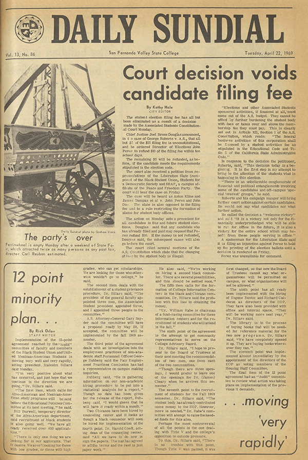 Daily Sundial, April 22, 1969, page 1 (follow link to transcript)