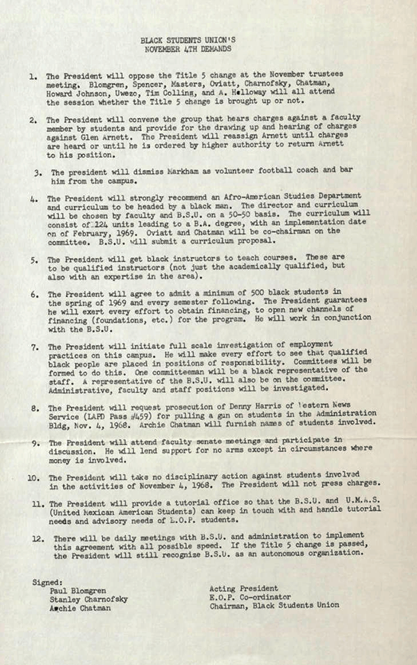 San Fernando Valley State College Black Student Union's List of Demands, November 4, 1968 (follow link to transcript)