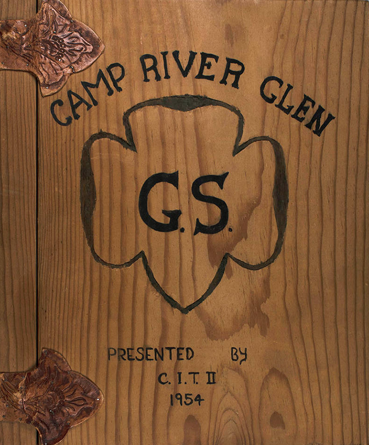 Cover for book of poems, made of wood and has 'Camp River Glen' with initials G.S. written on it
