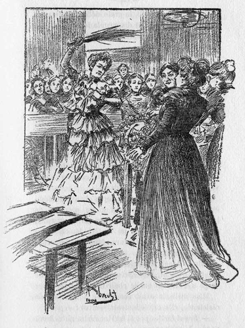 A Victorian woman holds a birch rod threateningly above her head as another woman in front of her leans back. A crowd of women watch