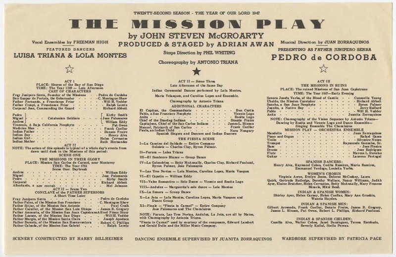One sheet program for John Steven McGroarty's The Mission Play, performed at the Mission Playhouse in 1947.